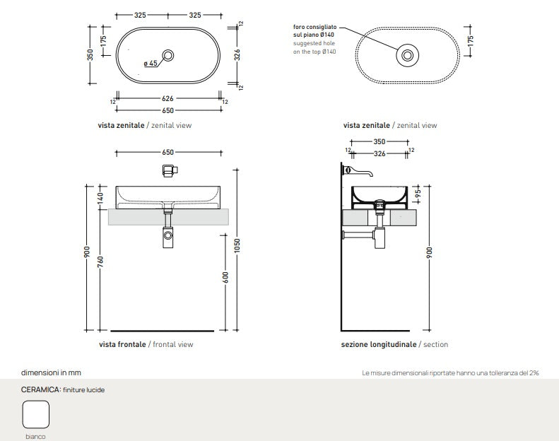 Ceramica Flaminia PS65AT - PASS 65 Lavabo ovale cm 65 da appoggio