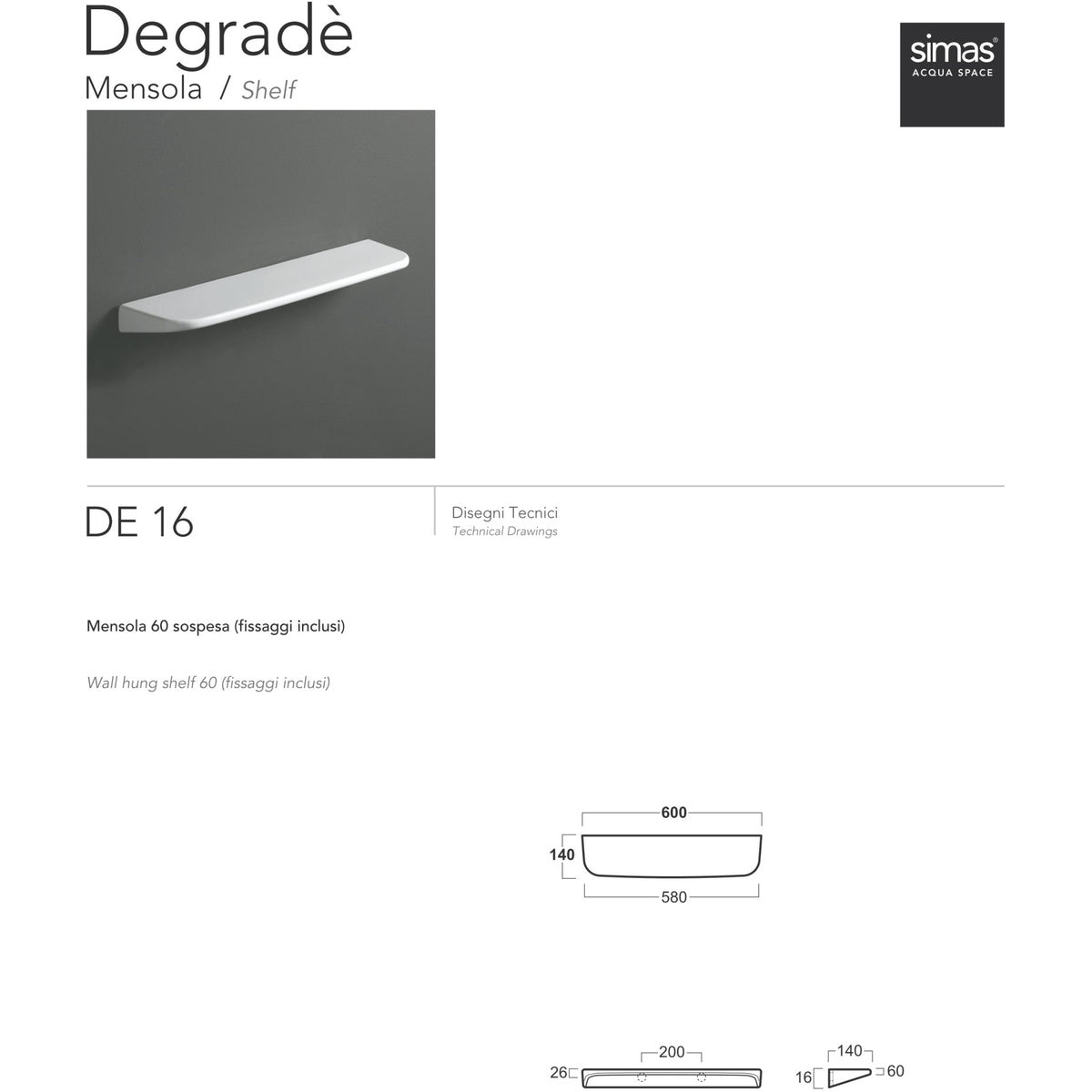 SIMAS 8101502 - Mensola in ceramica bianca completa di fissaggi 40 cm - Degradè, Simas