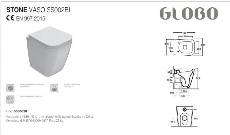 Ceramica Globo - filomuro STONE a terra : wc con coprivaso - bianco lucido