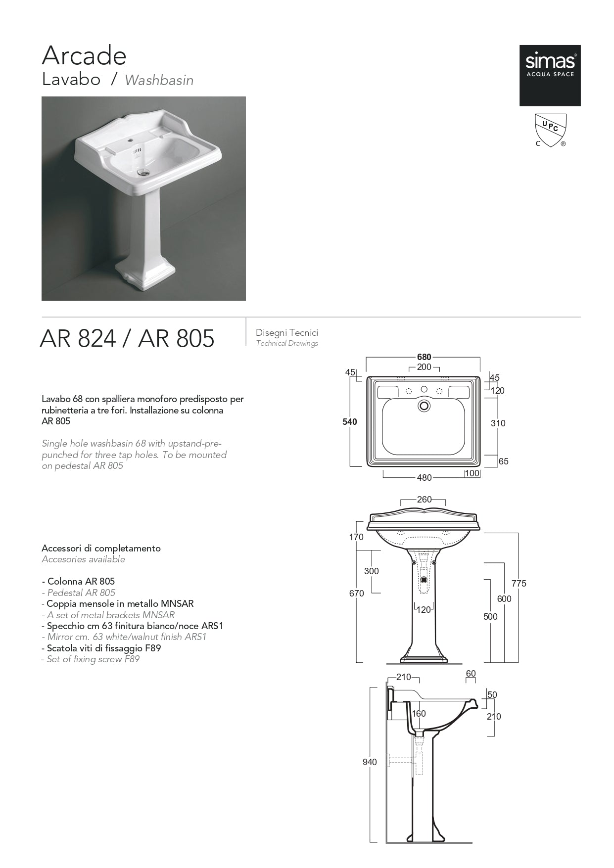 Simas  2500502 - Lavabo Simas 68 Arcade sospeso o su colonna bianco