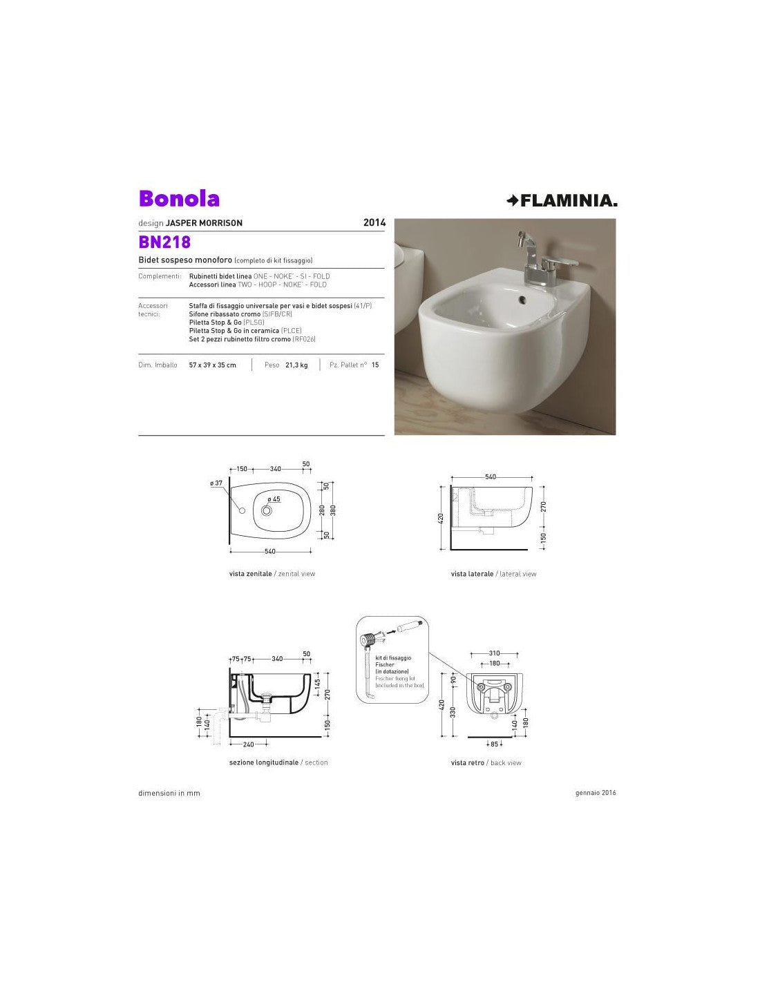 Ceramica Flaminia BN218 - Bidet Sospeso Bonola